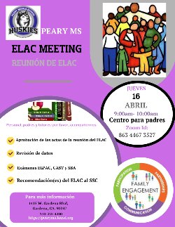 Peary Families, Staff, and Students please join us for this month's ELAC Meeting!